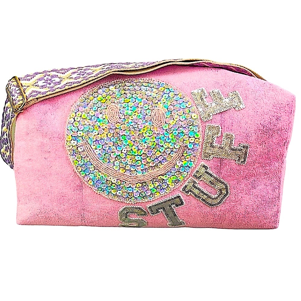 🎉SALE🎉🆕🌿JUDITH MARCH: Large Pink Bling Smiley Terry Cloth Bag